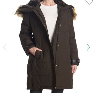Nine West Faux Fur Hooded Coat Olive 005